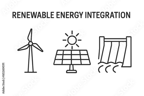 Renewable energy line icon set. Wind turbine for wind power, solar panel for photovoltaics, and hydroelectric dam. Sustainable, clean, green electricity integration concept.