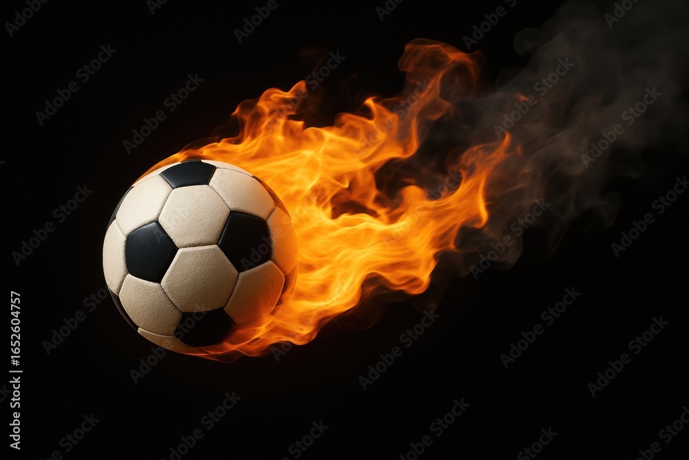 Naklejka premium Intense flames surrounding a soccer ball on a black background