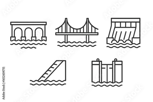 River Infrastructure Icons Outline Set Including Stone Bridge, Suspension Bridge, Dam, Levee, and Canal Lock Vector Illustration on Transparent Background