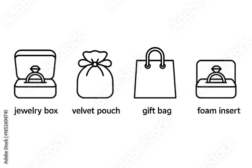 Ring Packaging Icons Outline Vector Set of Jewelry Box Velvet Pouch Gift Bag Foam Insert Accessories for Rings and Jewelry Presentation Design