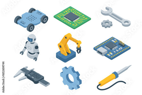 Isometric Robotics Icon Grid Set with Robot Chassis, Circuit Board, Wrench, Robot Arm, Microcontroller, Caliper, Gear, Soldering Iron Illustrations for Engineering and Technology Projects