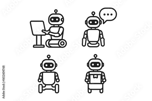 Robot icon set grid with service, companion, and delivery robots using touchscreen panels, speech bubbles, wheelbases, and carrying packages, vector outline illustration
