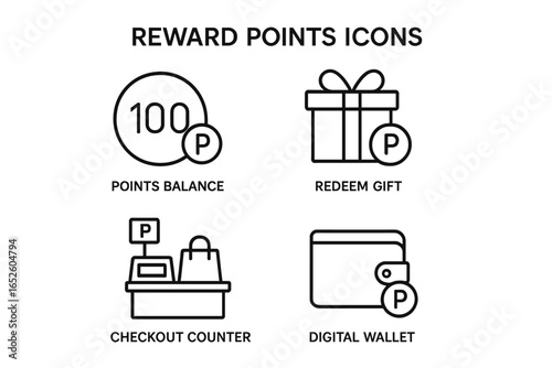 Reward points line icon set. Customer loyalty program outline vector symbols. Points balance, redeem gift, checkout counter, digital wallet. Bonus marketing illustration.