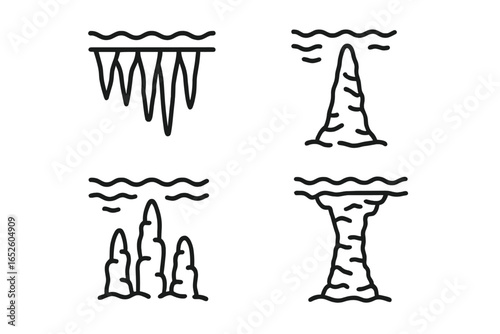 Submerged Cave Formations Vector Icons, Outline Speleothems Illustration Set Featuring Stalactites, Stalagmites, Columns, and Pillars for Underground Cave Concepts