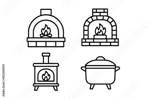 Rustic Oven Icon Set of 4. Outline Icon Collection of Wood-Fired Oven, Brick Oven, Cast Iron Stove, Dutch Oven, Stone Hearth Cooking Appliances. Vector Illustration