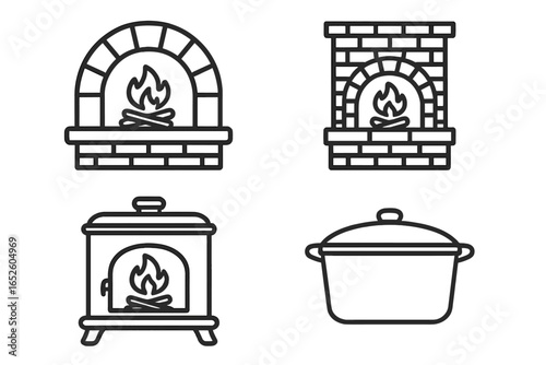 Rustic Oven Icon Set of 4, Outline Style Vector Illustration, Includes Wood-Fired Oven, Brick Oven, Cast Iron Stove, Stone Hearth, and Dutch Oven Cookware