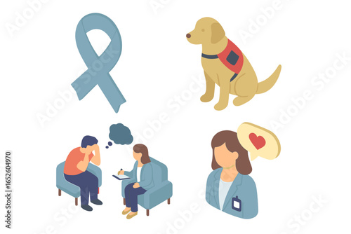 PTSD recovery and trauma therapy isometric icon set. Mental health awareness with support ribbon, service dog, psychologist session, and empathetic doctor care icons.