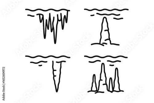 Submerged Cave Speleothems Vector Icons Set of 4, Outline Stalactite Clusters, Stalagmite Towers, Underwater Cave Formations, Transparent Background Illustration