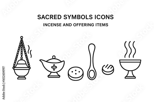 Sacred Symbols Icons Outline Set of Incense and Offering Items, Thurible, Incense Boat, Charcoal Disk, Incense Spoon, Censer, Religious Ritual Vectors on Transparent Background