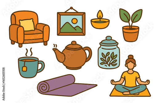 Cozy home relaxation icon set. Woman doing yoga meditation, tea time essentials with teapot and cup, armchair, plant, candle. Vector cartoon self-care lifestyle illustration.