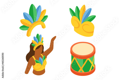 Isometric Samba Carnival Icons Set with Feathered Headdress, Colorful Feathered Costume Top, and Traditional Drum Illustration on Transparent Background
