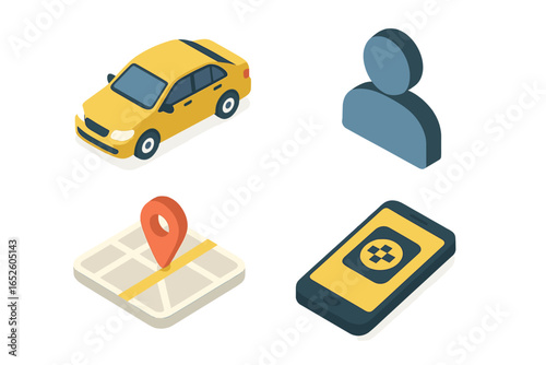 Isometric icon set for ride-hailing service and online taxi booking. Vector concept of mobile app, car sharing, city navigation, and passenger transportation.
