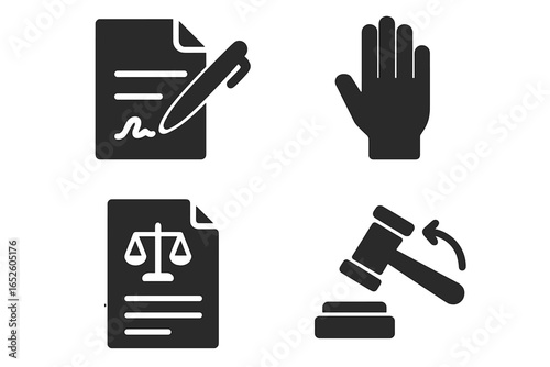 Legal glyph icon set for law and justice. Includes contract signing, objection or oath hand, lawsuit document with scales, and judge gavel for verdict or auction concept.