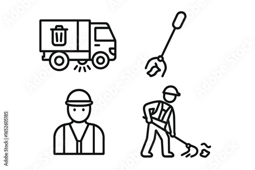 Sanitation Icon Set of 4. Outline Vector Icons of Street Sweeper Truck, Trash Grabber Tool, Worker in Safety Vest, and Street Cleaner, Urban Cleanup and Maintenance Symbols