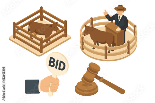 Isometric livestock auction icon set. Cattle sale with auctioneer, bull in pen, bidding paddle, and gavel. Agriculture business, farming, and trade concept vector illustration.