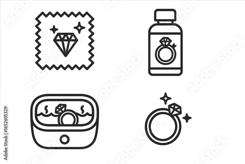 Ring care outline icon set. Jewelry cleaning tools collection. Vector icons of a polishing cloth, cleaning solution, ultrasonic cleaner and sparkling diamond ring. Jewel care.