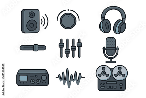 Audio recording and music production icon set. Sound engineering equipment with microphone, headphones, speaker, mixer, faders, volume knob, waveform, and tape recorder.