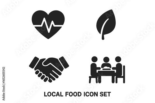 Local food icon set. Solid glyphs of farm to table benefits, community support, heart health, eco leaf, handshake deal, and family meal. Sustainable agriculture.