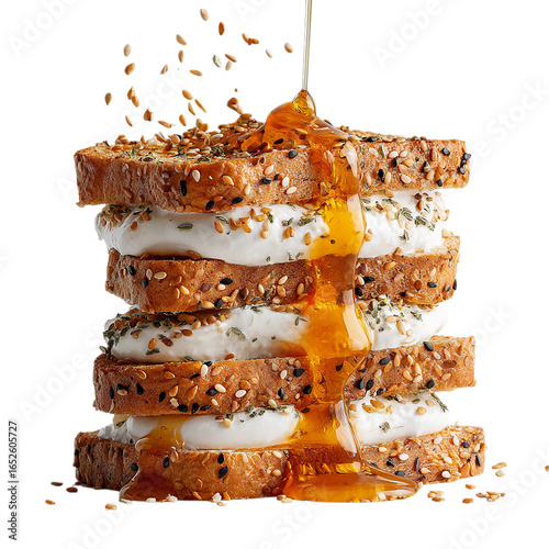 Stacked sesame toast with whipped cream and honey on transparent background