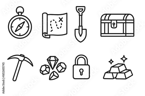 Treasure Hunter Tools Icon Set with Compass, Map, Shovel, Chest, Pickaxe, Gems, Lock, and Gold Bars - Outline Vector Illustration for Adventure and Exploration