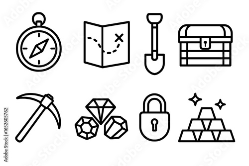 Treasure Hunter Tools Icons Set of 8 Outline Symbols Including Compass, Map, Shovel, Chest, Pickaxe, Gems, Lock, and Gold Bars Vector Illustration