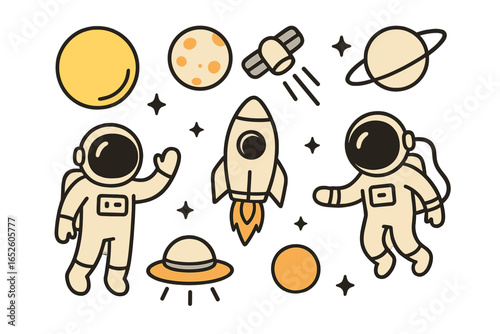 Creative minimalist space exploration vector with astronauts, spaceships, planets, stars, UFO, and celestial bodies in cartoon style for sci-fi and astronomy designs