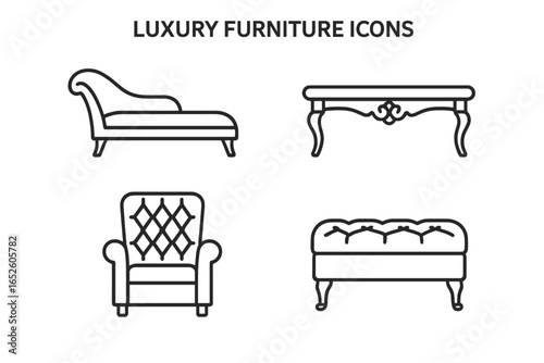 Luxury furniture icon set. Vector line art illustration of classic interior decor elements. Includes chaise lounge, elegant table, tufted armchair, and vintage ottoman.