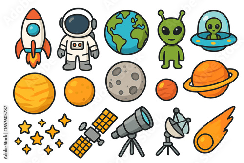 Space icons cartoon collection. Cute vector set for kids with astronaut, alien, rocket, UFO, planets Earth and Saturn, Moon, stars, satellite, telescope, and meteor.
