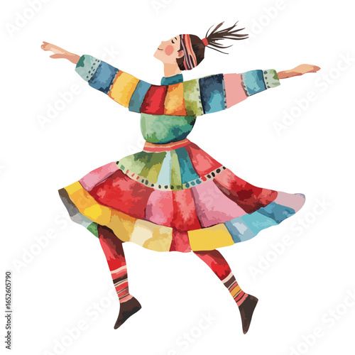 Joyful Dancer in Colorful Patchwork Costume with Arms Outstretched Upward Gaze