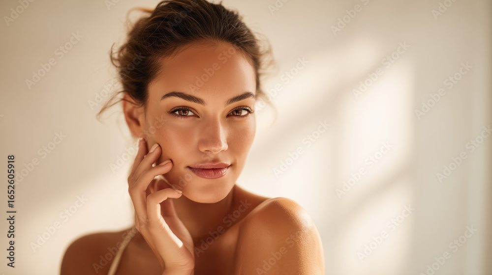 Obraz premium Portrait of a beautiful woman with hand on her face smiling