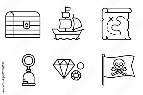 Treasure Icons Grid: Outline Vector Set of Pirate Ship, Treasure Chest, Map, Compass, Hook, Jewels, Pirate Flag, and Key for Adventure and Exploration