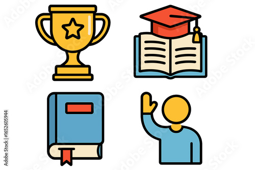 Education icon set for school and university. Modern cartoon vector graphics for learning, achievement, and graduation. Collection includes trophy, academic cap, textbook, and student.