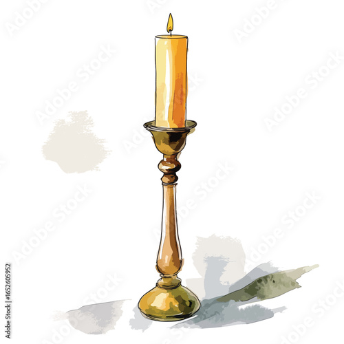 Lit Candle in Ornate Brass Candlestick