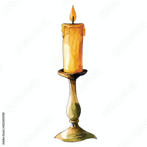 Lit Candle with Dripping Wax on Ornate Golden Candlestick Holder