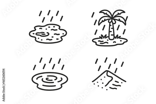 Rain in desert outline icon set. Collection of simple linear pictograms showing wet sand, muddy puddle, rain-soaked oasis with palm tree, and shallow pool with ripples.