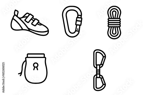 Rock climbing gear icon set. Vector line art illustration of essential climbing equipment. Includes climbing shoe, carabiner, rope, chalk bag, and quickdraw icons.