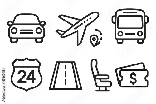 Transportation icons representing vehicles, travel routes, seating, and pricing information in a simple, clean vector cartoon style illustration for travel and transport concepts