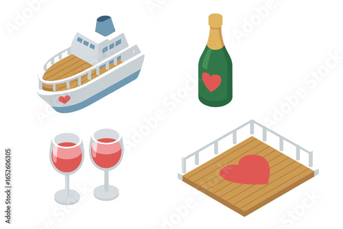 Romantic cruise isometric icon set for Valentine's Day. Love boat, champagne, wine glasses, and ship deck for vacation, travel, or honeymoon celebration. Vector icons.