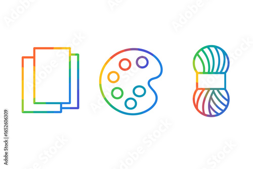 Rainbow craft supplies icon set. Vector outline illustration of colored paper, paint palette, and yarn skein. Art and craft concept for DIY projects, hobbies, and creativity.