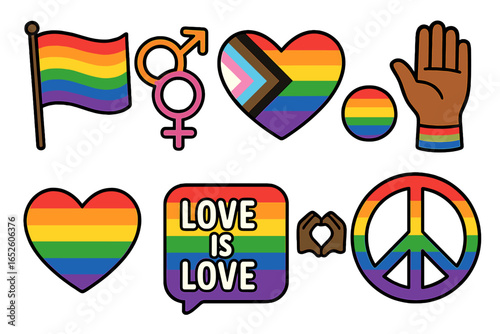 Set of LGBTQIA+ pride icons. Rainbow flag, progress heart, gender symbols, peace sign. Love is love. Vector cartoon stickers for diversity, equality, inclusion and support.
