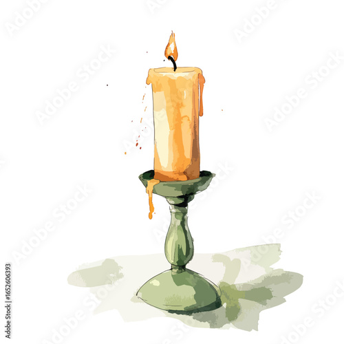 Melted Candle on Green Pedestal Watercolor Style