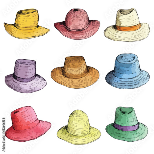 Nine Hand Drawn Hats in Varied Colors and Styles