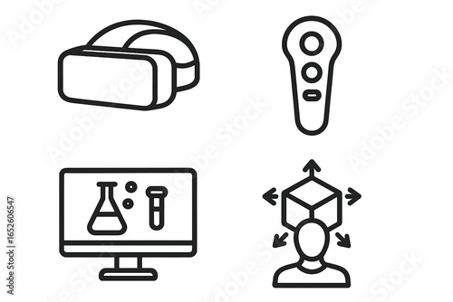 Virtual Reality Technology Icons, Outline Vector Set of 4, Including VR Headset, Controller, Scientific Screen, and Immersive User Experience Symbols for Digital Innovation and Tech Interfaces