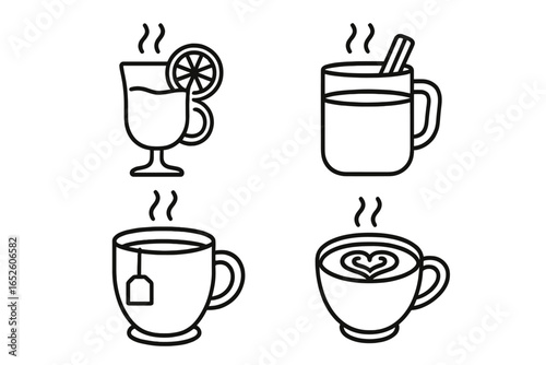 Warm Beverage Icons Set of 4: Mulled Wine Glass, Spiced Cider Mug, Herbal Tea Cup, Latte Art Coffee Cup, Outline Vector Illustration Collection