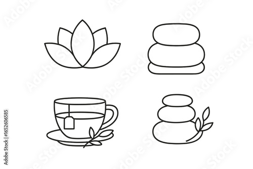 Warm Beverage Icons Set, Outline Vector Illustration of 4 Cozy Hot Drinks with Mulled Wine Glass, Spiced Cider Mug, Herbal Tea Cup, Latte Art, Comfortable Hearth Ambiance