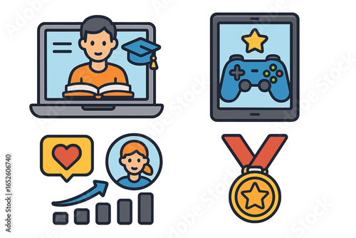 E-learning and gamification icon set. Online education, user engagement, and achievement concept. Vector icons for web, app design. Student graduation, reward medal, social media.
