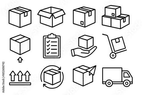 Shipping and delivery line icon set. Logistics and e-commerce vector symbols. Includes cardboard box, parcel, truck, return, checklist for freight and cargo business.