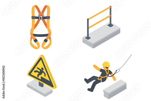 Rooftop safety icons set. Isometric vector illustration of construction fall protection equipment. Includes safety harness, guardrail, warning sign, and fall arrest system.