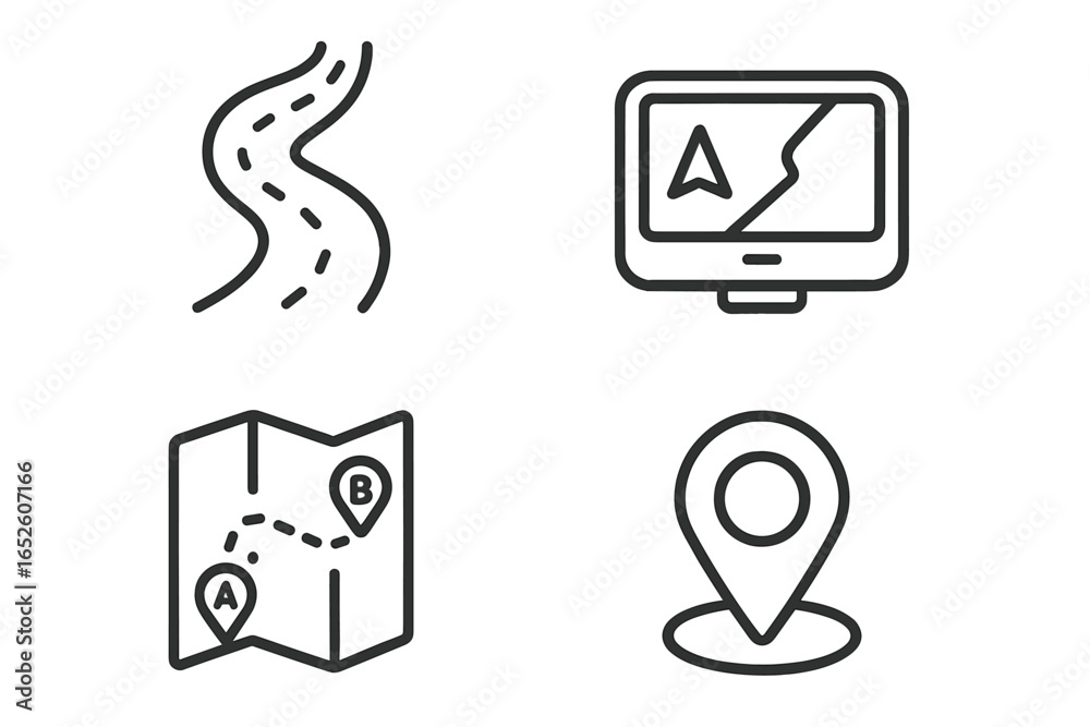 Route planning icon set. Navigation symbols collection. GPS device, winding road, route map, waypoint marker. Journey, direction, destination, location pin concept. Route planning icon set. Navigation symbols collection. GPS device, winding road, route map, waypoint marker. Journey, direction, destination, location pin concept.
