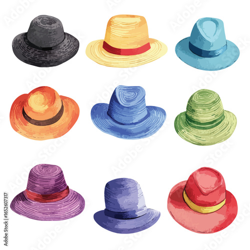 Nine Watercolor Hats in Various Colors Displaying Unique Styles and Designs